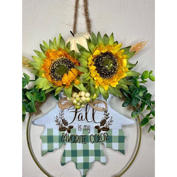 11" Fall Wreath with Sunflowers and Eucalyptus on Gold Wire Ring - Picture 5 of 7